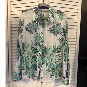 ELIE TAHARI Peacock Flower lightweight button down blouse Small